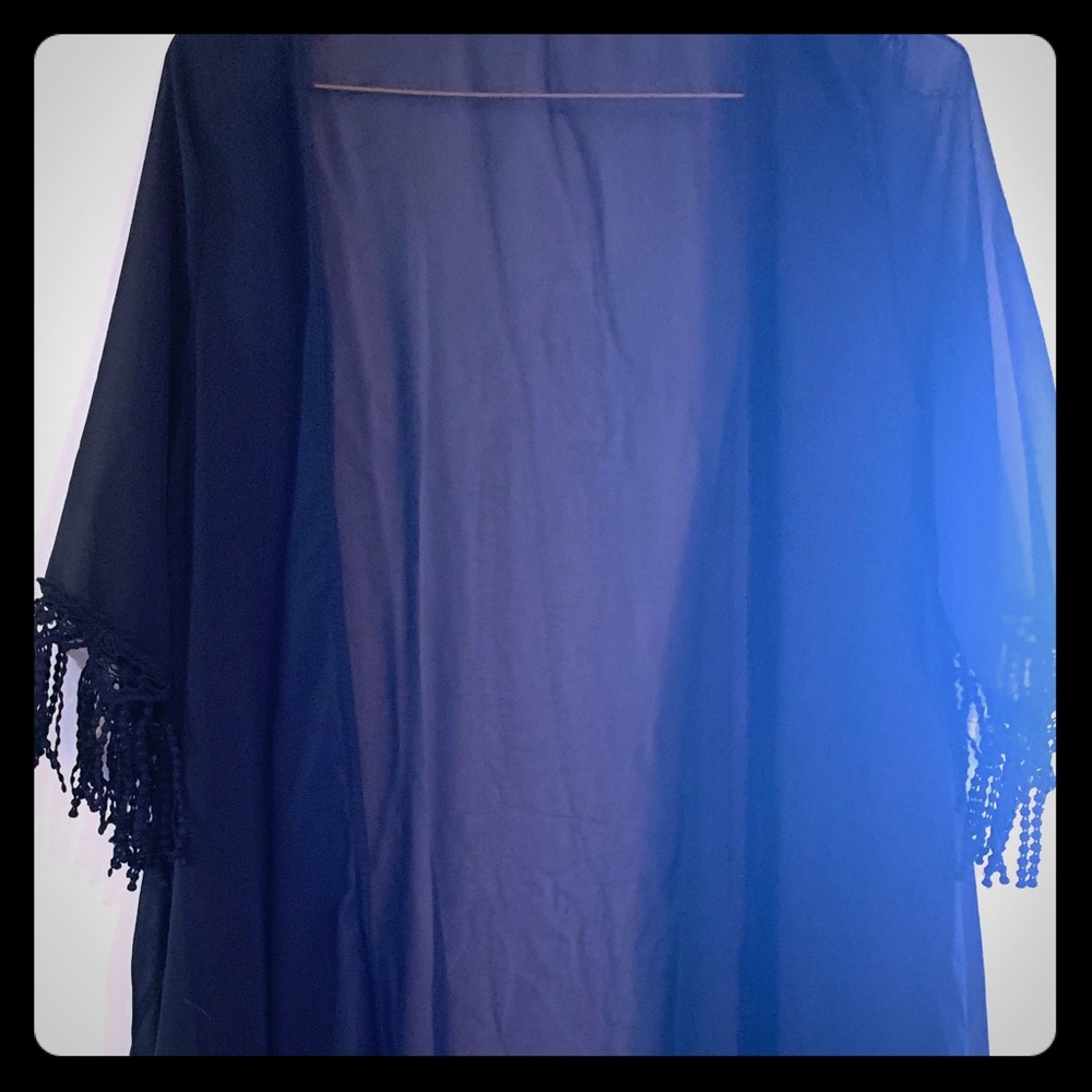 Black gauze kimono with tassel trim
